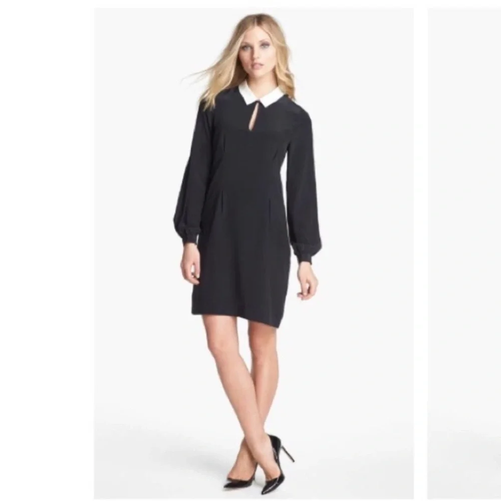 Kate Spade Catarina Black Dress 100% Silk Wednesday Adam Classic Collar Pearl